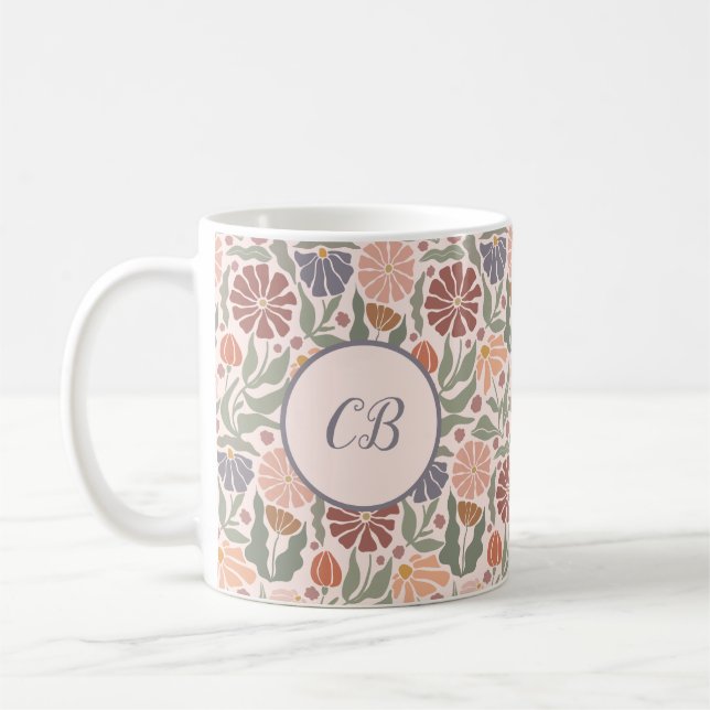 Taza De Café Flores retro de venado lindo Monograma café Mug (Izquierda)