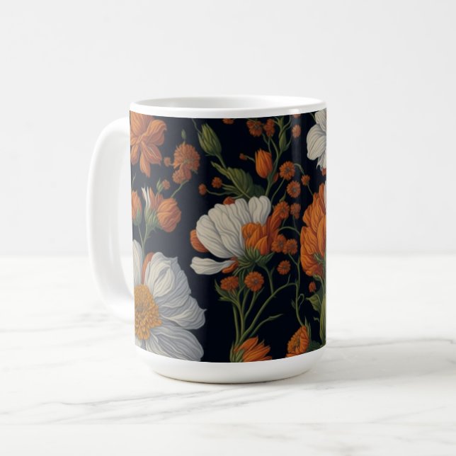 Taza De Café Flores retro elegantes y blancas de Naranja (Anverso izquierdo)