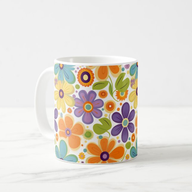 Taza De Café Flores retro Naranja Lilac y Verde (Anverso izquierdo)