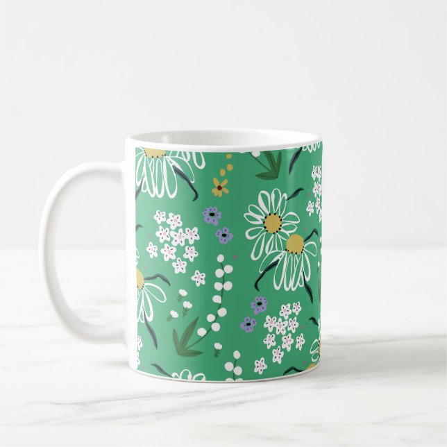 Taza De Café Flores Retro, Patrón Botánico Sin Marea. (Izquierda)