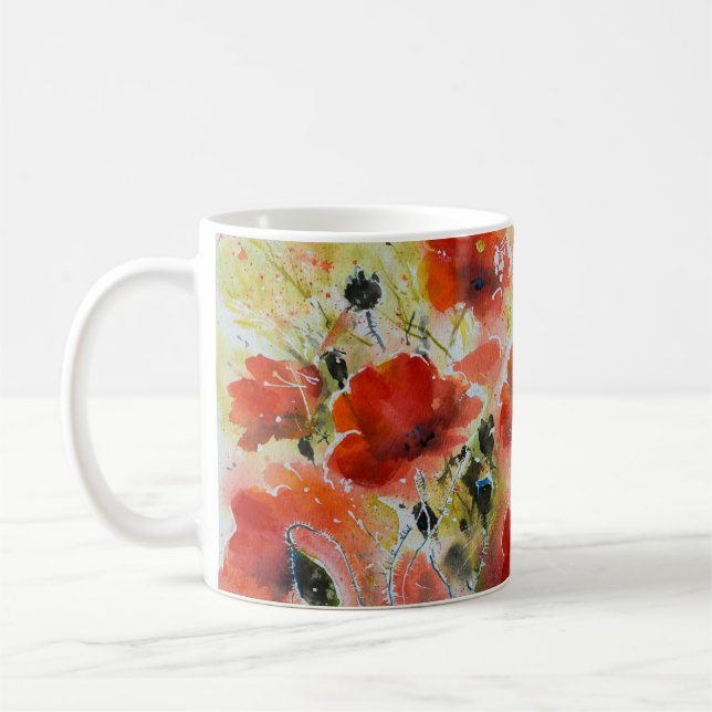 Taza De Café Flores rojas de amapola, acuarela suave. (Izquierda)