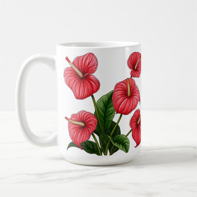 Taza De Café Flores rojas de Anthurium con hojas verdes (Izquierda)