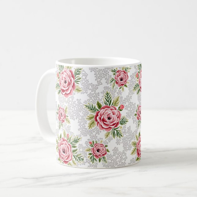 Taza De Café Flores rojas en fondo de encaje (Anverso izquierdo)