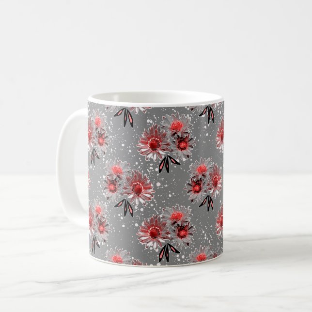 Taza De Café Flores rojas en gris (Anverso izquierdo)