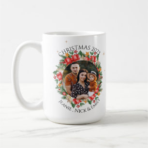 Taza De Café Flores Rojas Familia Foto Feliz Navidad