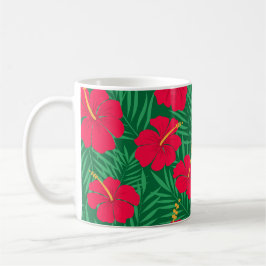 Taza De Café Flores rojas hibiscus sobre hojas tropicales verde
