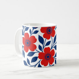 Taza De Café Flores Rojas Intensas y Hojas Azul Marino