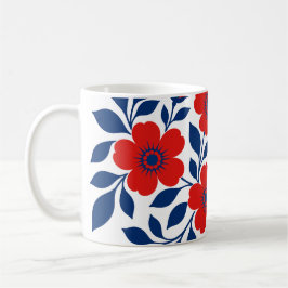 Taza De Café Flores Rojas Intensas y Hojas Azul Marino