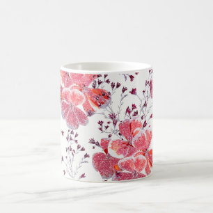 Taza De Café Flores rojas rosadas sobre blanco.