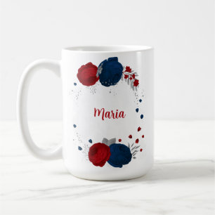 Taza De Café flores rojas y azules marino plateadas botánicas b