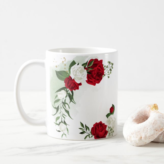 Taza De Café Flores rojas y blancas vegetación botánica (Con donut)