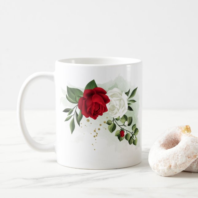 Taza De Café Flores rojas y blancas verde botánico (Con donut)