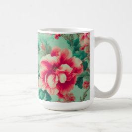 Taza De Café Flores rojas y hojas verdes exquisitas
