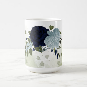 Taza De Café Flores románticas de azul marino y azul polvorient