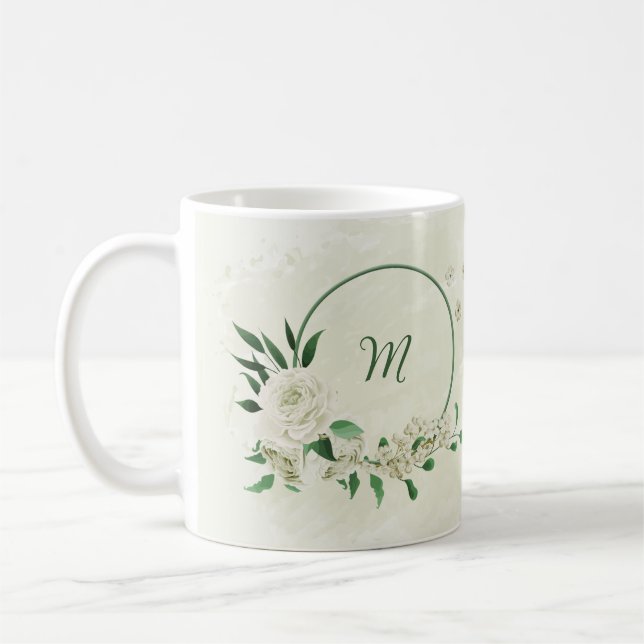 Taza De Café Flores románticas de marfil blanco con vegetación (Izquierda)