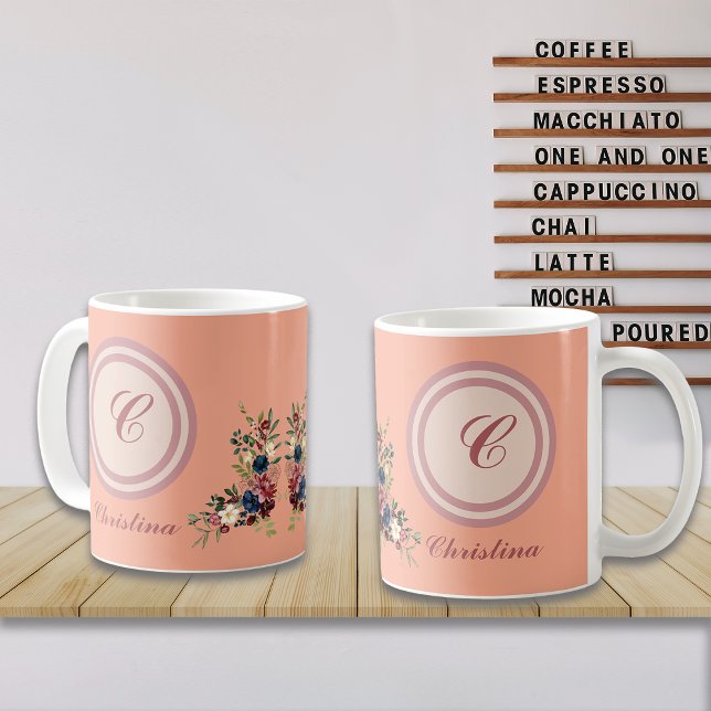 Taza De Café Flores Románticas Monograma Personalizado (Subido por el creador)