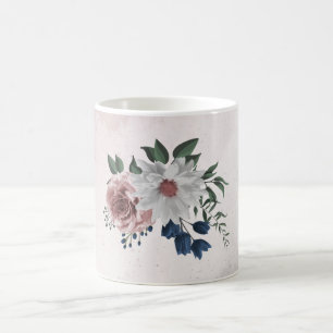 Taza De Café Flores románticas rosadas blancas navales verde