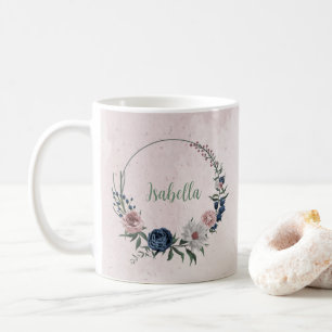 Taza De Café Flores románticas rosadas blancas y navy con folla