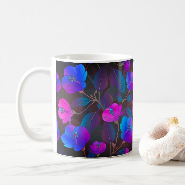 Taza De Café Flores rosa morado azul elegantes (Con donut)