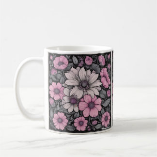 Taza De Café Flores rosa, negra y blanca