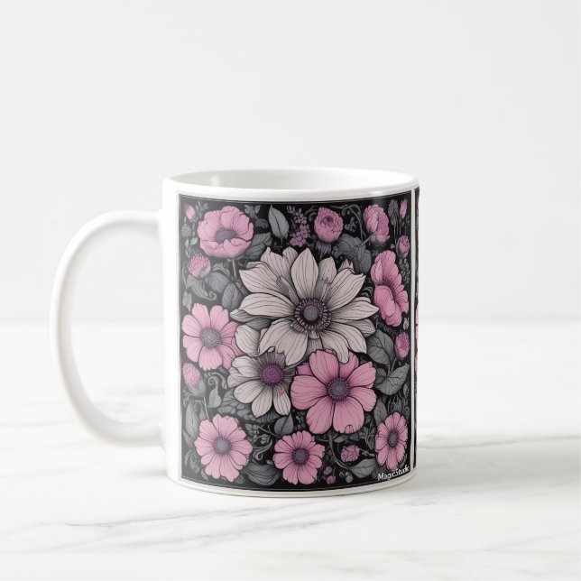 Taza De Café Flores rosa, negra y blanca (Izquierda)