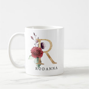 Taza De Café Flores Rosa Rubor Dorado Elegante Letra R
