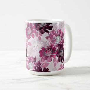 Taza De Café Flores rosa y burdeos sobre rosa polvoriento