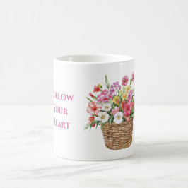 Taza De Café Flores rosadas blancas amarillas rojas en cesta
