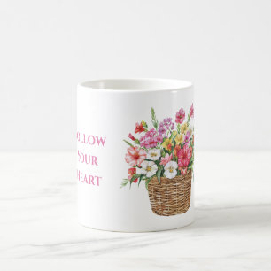 Taza De Café Flores rosadas blancas amarillas rojas en cesta