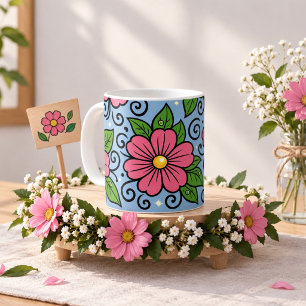 Taza De Café Flores rosadas con hojas verdes y detalles curvos