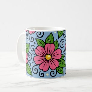 Taza De Café Flores rosadas con hojas verdes y detalles curvos