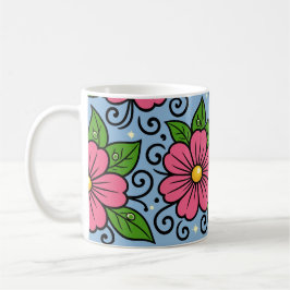 Taza De Café Flores rosadas con hojas verdes y detalles curvos