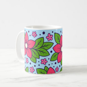 Taza De Café Flores rosadas con pétalos audaces y hojas verdes
