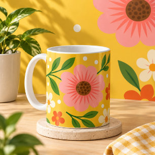 Taza De Café Flores rosadas, crema y naranjas con hojas verdes