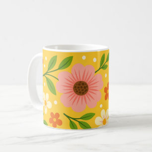 Taza De Café Flores rosadas, crema y naranjas con hojas verdes