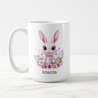 Taza De Café Flores rosadas de conejo con huevo de Pascua