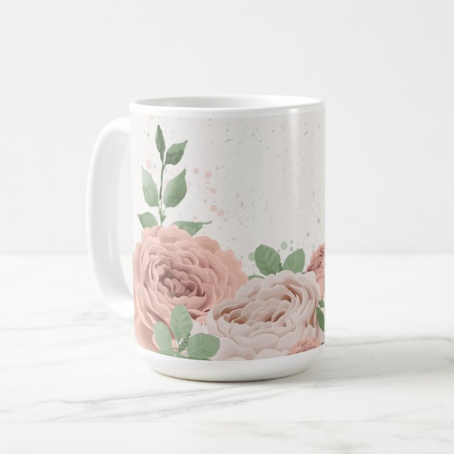 Taza De Café flores rosadas de rubor verde botánico (Anverso izquierdo)