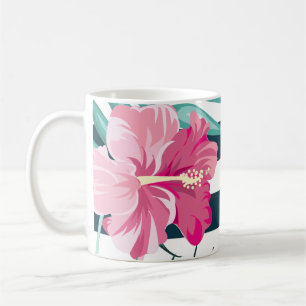 Taza De Café Flores rosadas exóticas Monograma a rayas