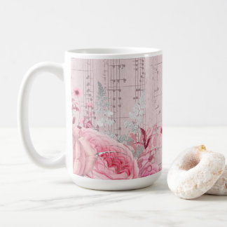 Taza De Café flores rosadas hoja de música café barro