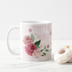Taza De Café flores rosadas hojas verdes 