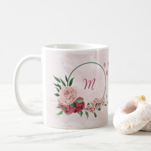 Taza De Café flores rosadas hojas verdes 