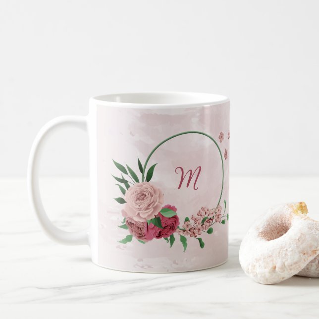 Taza De Café flores rosadas hojas verdes  (Con donut)