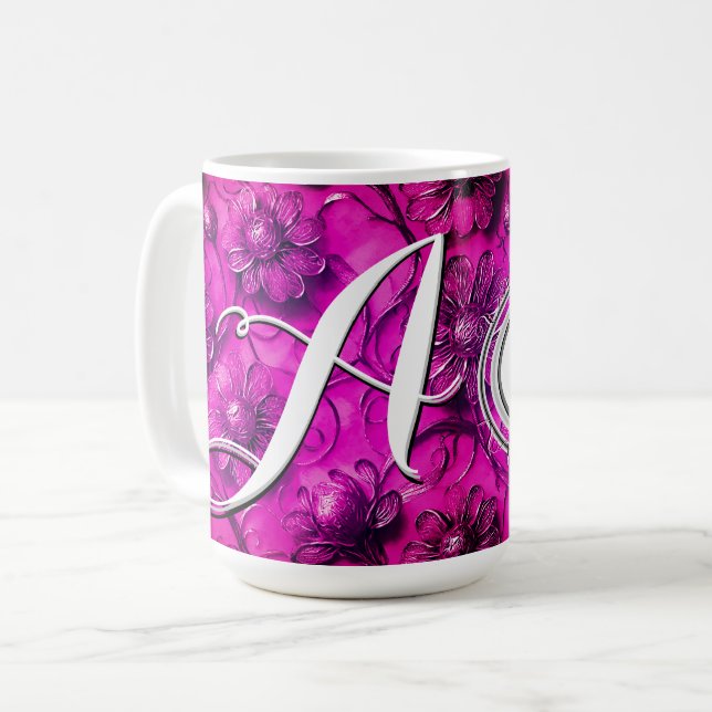 Taza De Café Flores rosadas monogramadas personalizadas para el (Anverso izquierdo)