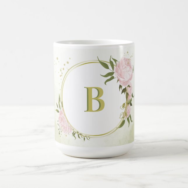 Taza De Café flores rosadas románticas verde (Centro)