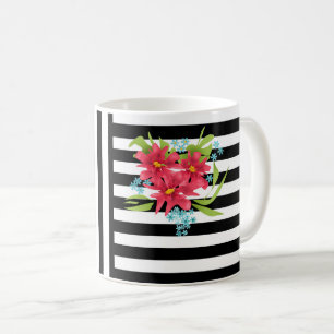 Taza De Café Flores rosadas sin foco floridas rayas blancas neg