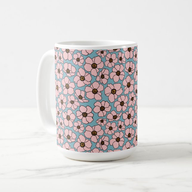 Taza De Café Flores rosadas sobre azul   (Anverso izquierdo)