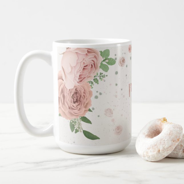 Taza De Café flores rosadas sonrosadas vegetación botánica (Con donut)