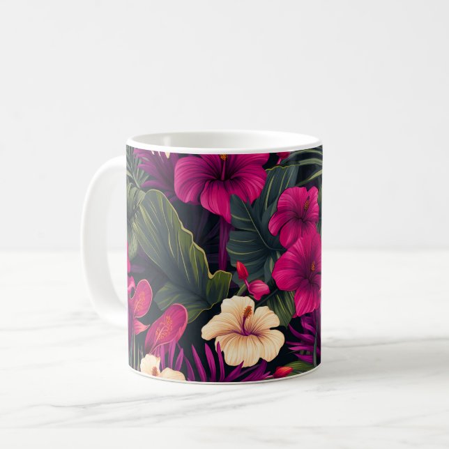 Taza De Café Flores rosadas tropicales deja el patrón (Anverso izquierdo)