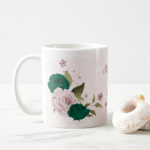 Taza De Café flores rosadas verde esmeralda