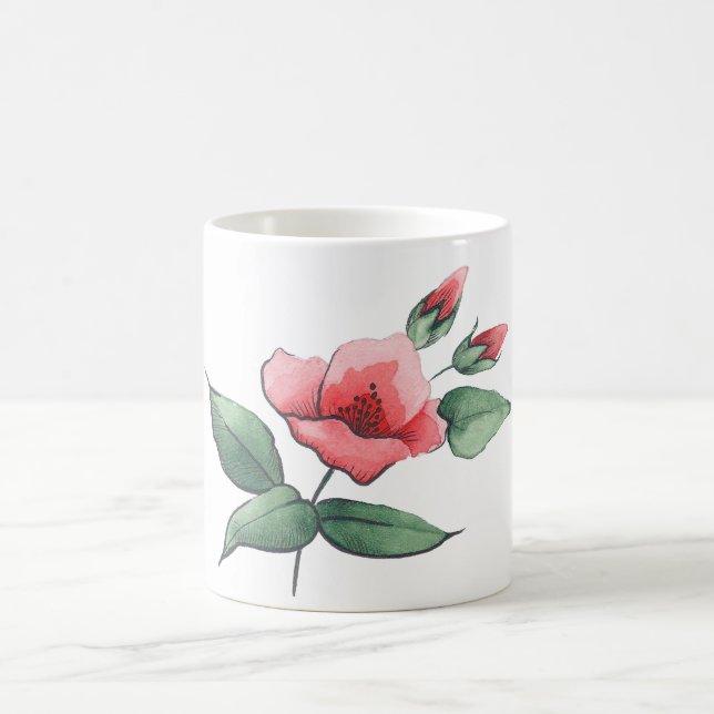 Taza De Café flores rosadas, verde rojo botánico floral (Centro)